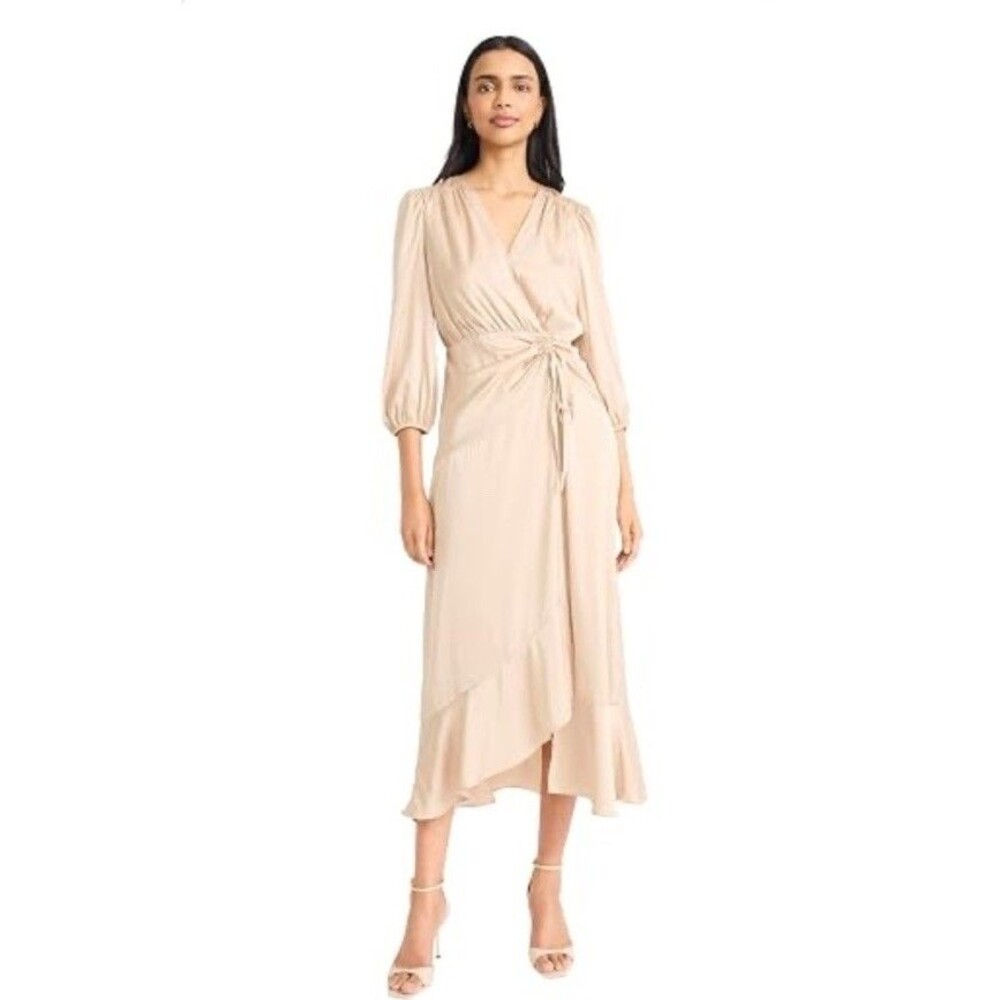 Donna Martin Size 14 Gold Satin Faux Wrap Rouche Maxi Asymmetrical Dress Elegant